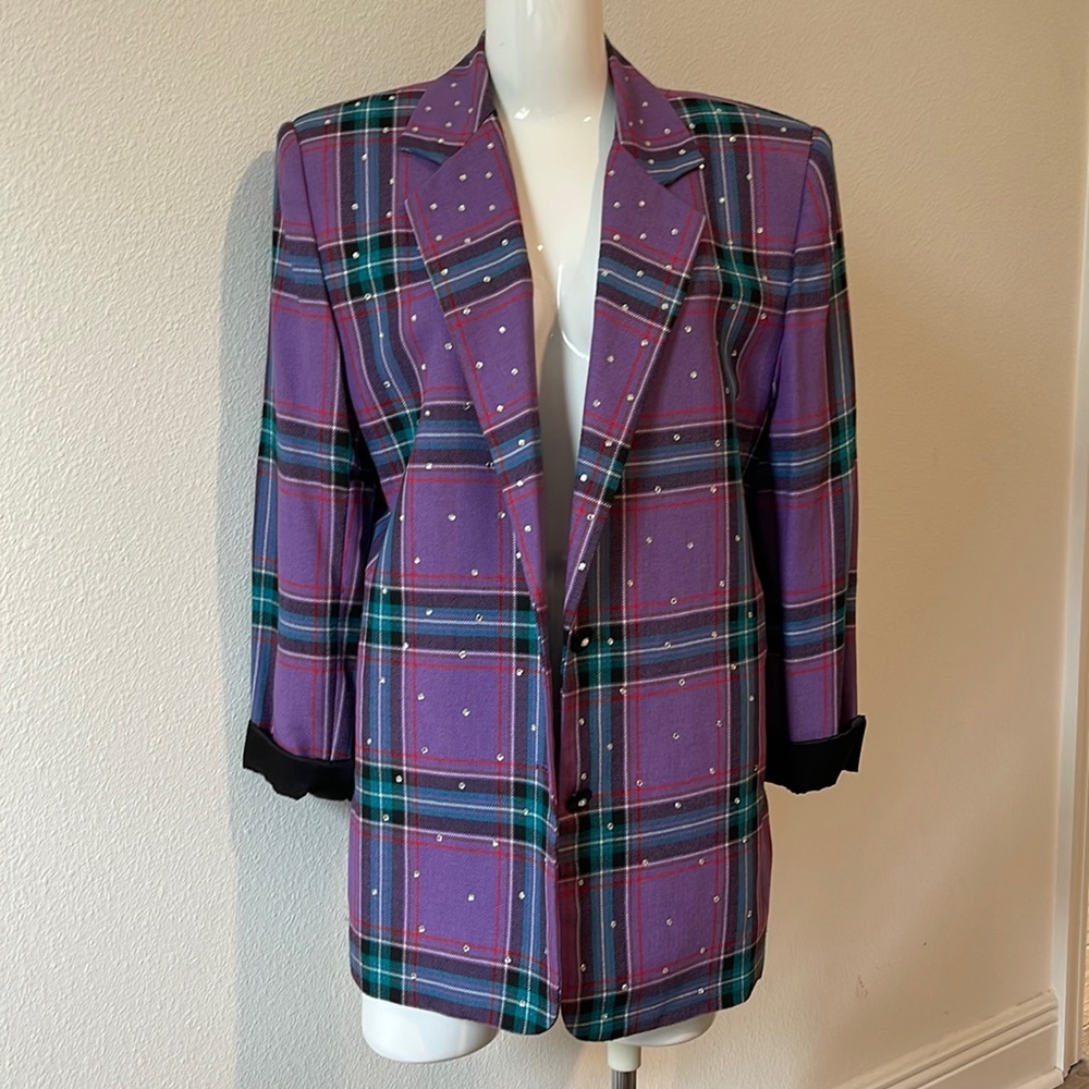 80s vintage purple plaid blazer with rhinestones by CRISCIONE New York Small